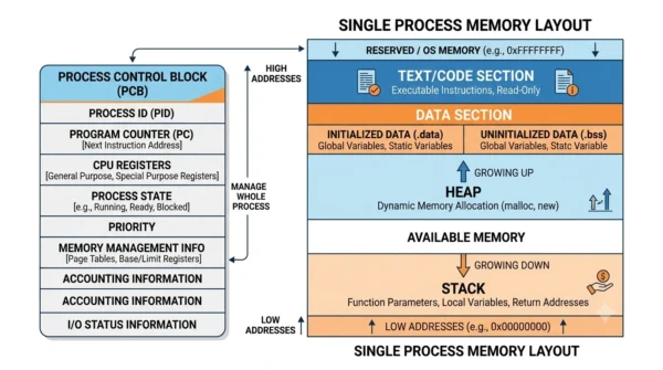 Diagram of a process address space showing text, data, heap and stack sections plus a Process Control Block with program counter, registers and state