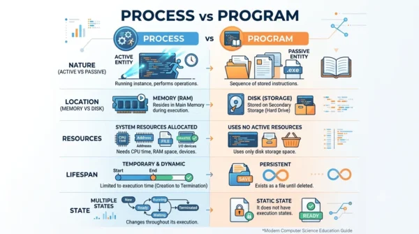 Comparison infographic listing nature, location, resources, lifespan and state for a process versus a program