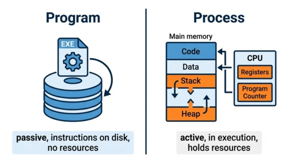 Two-panel diagram comparing a passive program file stored on disk with an active process running in memory with CPU, registers, stack and heap