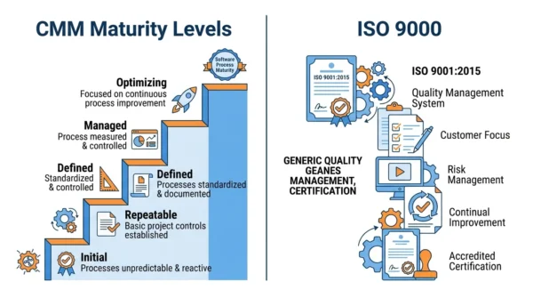 Staircase diagram of the five CMM maturity levels from Initial to Optimizing with a short description of each level