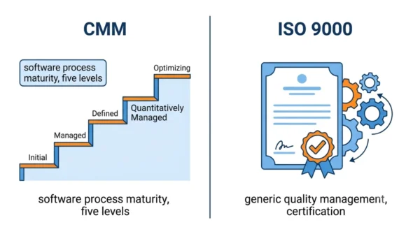 Two-panel diagram comparing CMM as a five-level software process maturity staircase against ISO 9000 as a generic quality management certification