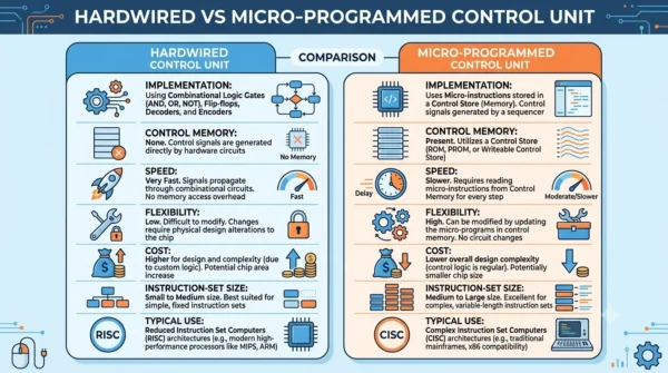 Comparison infographic listing implementation, control memory, speed, flexibility, cost and typical use for hardwired versus micro-programmed control units