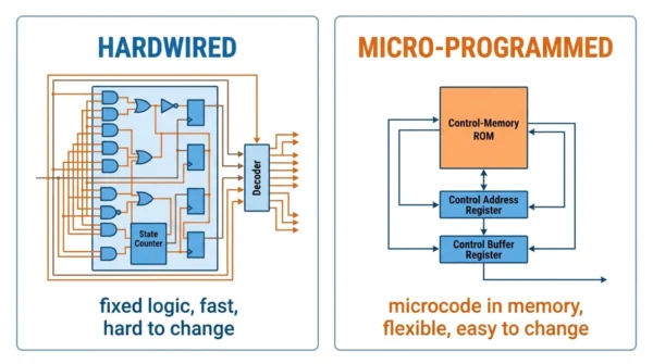 Two-panel diagram comparing a hardwired control unit built from fixed logic gates and a state counter with a micro-programmed control unit that stores microinstructions in control memory