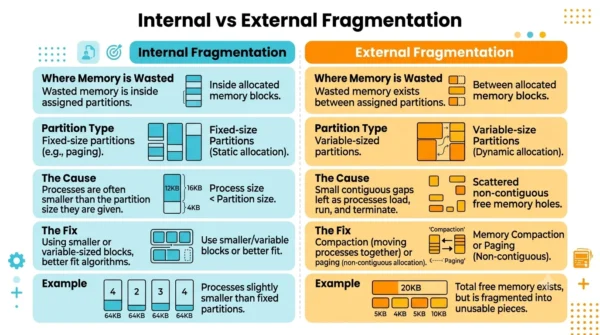 Comparison infographic listing where memory is wasted, partition type, cause, fix and example for internal versus external fragmentation