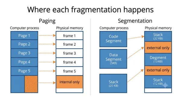 Diagram showing paging causing internal fragmentation in the last partly filled page and segmentation causing external fragmentation through gaps between variable-size segments