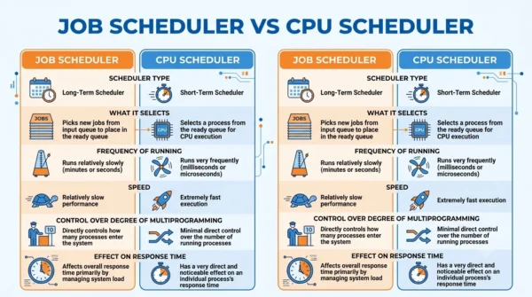 Comparison infographic listing scheduler type, what each selects, how often it runs, speed, control over multiprogramming and effect on response time for the job scheduler versus the CPU scheduler