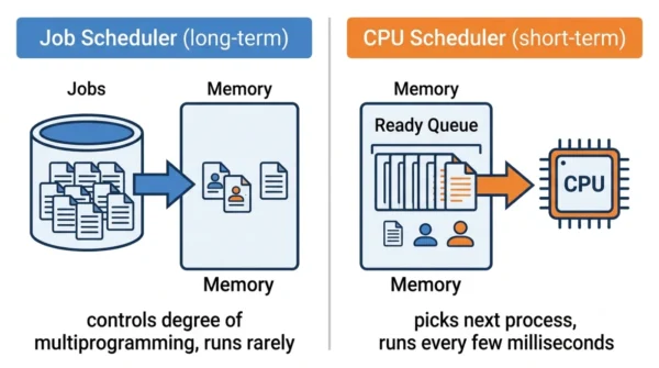 Two-panel diagram comparing the long-term job scheduler admitting jobs from disk into memory with the short-term CPU scheduler picking a ready process from memory and giving it the CPU