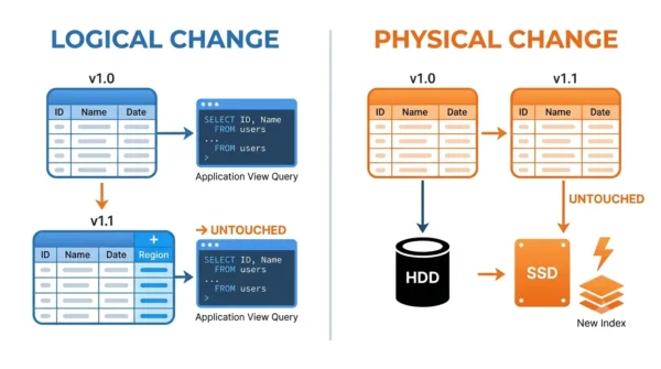 Diagram showing a logical change adding a column without touching the application view and a physical change swapping storage and adding an index without touching the table schema 