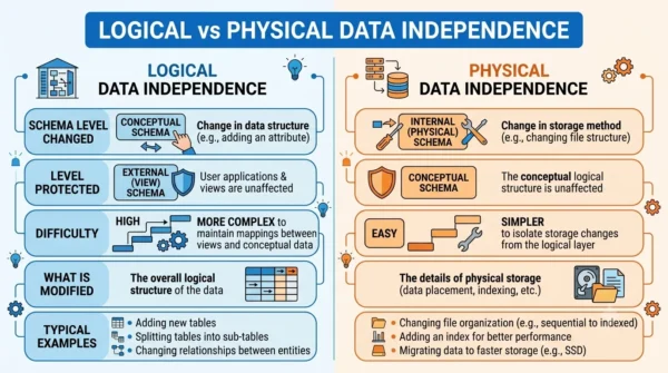 Comparison infographic listing schema level changed, level protected, difficulty, modifications and examples for logical versus physical data independence