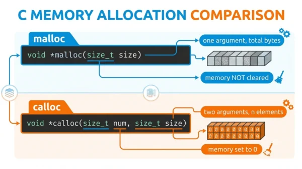 Infographic comparing the malloc signature with one size argument and uncleared memory against the calloc signature with two arguments for number of elements and element size and zeroed memory