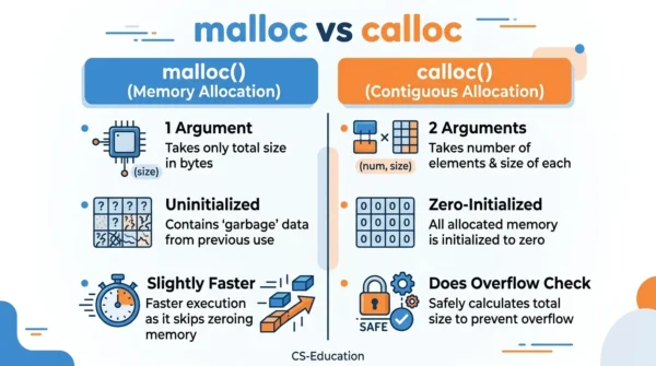 Comparison infographic listing malloc properties such as one argument, uninitialized and faster against calloc properties such as two arguments, zero-initialized and overflow-checked