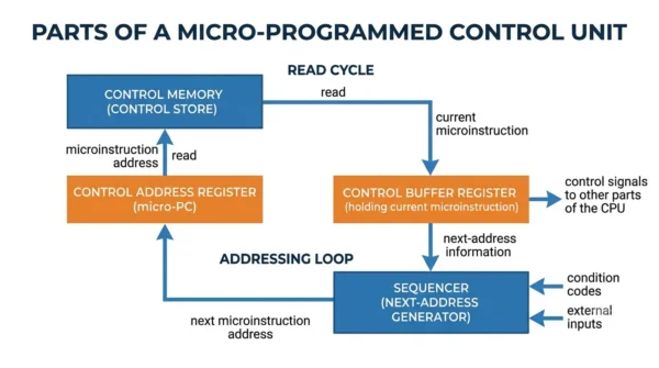 Block diagram of a micro-programmed control unit showing control memory, control address register, control buffer register and a next-address sequencer