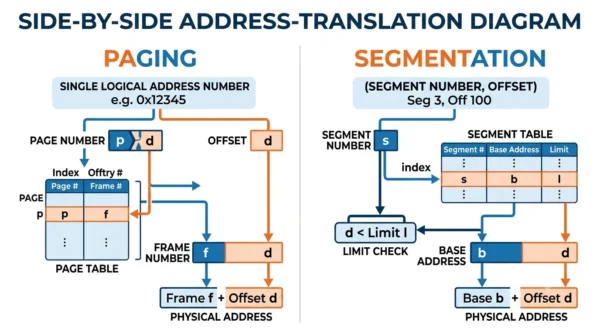 Diagram showing paging splitting one logical address into page number and offset via a page table, and segmentation using an explicit segment number and offset via a segment table base and limit