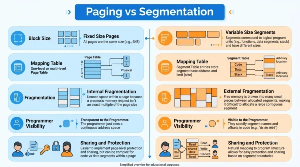 Comparison infographic listing block size, mapping table, fragmentation type, programmer visibility and protection for paging versus segmentation