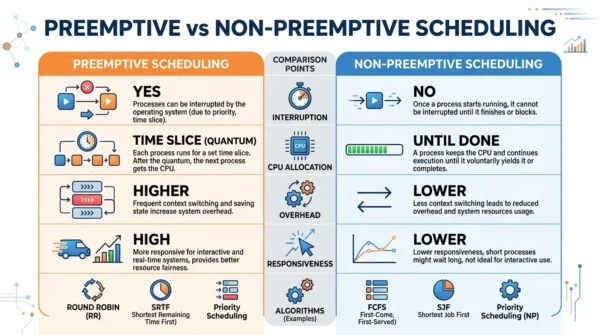 Comparison infographic listing interruption, CPU allocation, overhead, responsiveness and algorithms for preemptive versus non-preemptive scheduling