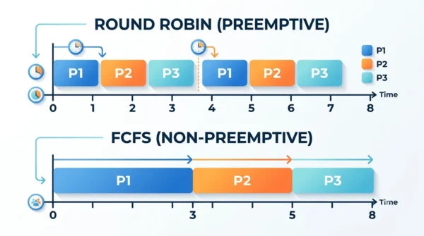  Two Gantt charts comparing Round Robin preemptive scheduling with interleaved time quanta against FCFS non-preemptive scheduling running each process to completion in order