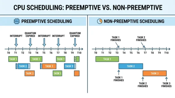 Two-panel timeline diagram showing preemptive scheduling switching between tasks in time slices versus non-preemptive scheduling running each task to completion