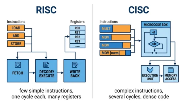  Two-panel diagram comparing a RISC design with short fixed-length instructions and many registers against a CISC design with complex variable-length instructions and microcode