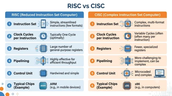 Comparison infographic listing instruction set, cycles per instruction, registers, pipelining, control unit and example chips for RISC versus CISC