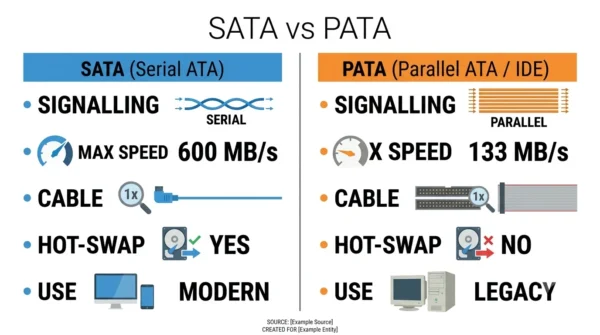 Comparison infographic listing signalling, max speed, cable, hot-swap and use for SATA versus PATA