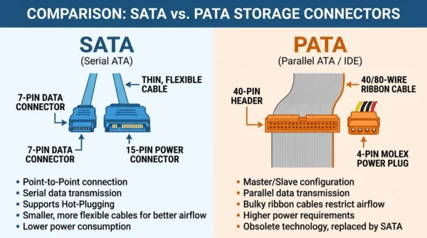 Infographic comparing the SATA 7-pin data and 15-pin power connectors with the PATA 40-pin ribbon connector and 4-pin Molex power plug