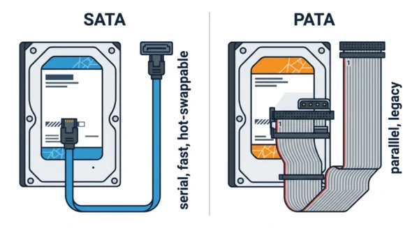 Two-panel diagram showing a SATA drive with a thin seven-pin serial cable versus a PATA drive with a wide 40-pin parallel ribbon cable