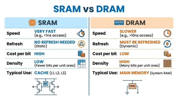 Comparison infographic listing speed, refresh, cost per bit, density and typical use for SRAM versus DRAM memory