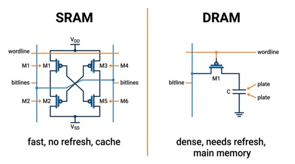 Two-panel diagram comparing an SRAM six-transistor flip-flop cell used for cache with a DRAM single-transistor-and-capacitor cell used for main memory