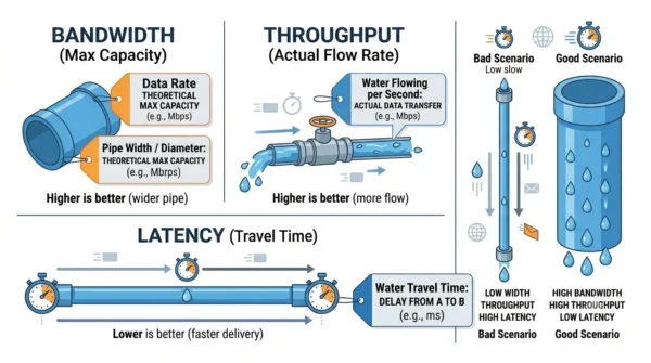 Pipe analogy infographic showing bandwidth as pipe width, throughput as actual water flow per second, and latency as the time for water to travel through