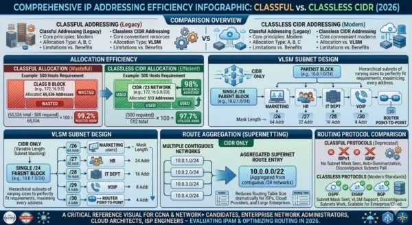 Infographic showing classful IP address waste with Class B allocation for 500 hosts versus CIDR classless addressing with precise slash notation block sizing, VLSM subnet design, and route aggregation for modern enterprise and cloud networks
