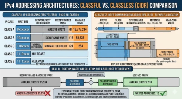 Architecture diagram comparing classful IP addressing with fixed Class A B C boundaries versus classless CIDR addressing with variable length subnet masks showing efficient IP allocation for modern networks