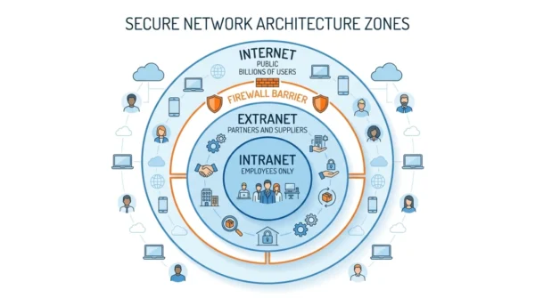 Concentric zones showing internet, extranet, and intranet access levels separated by a firewall
