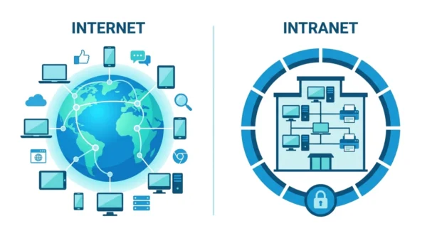 Diagram comparing the public global internet with a private organisational intranet
