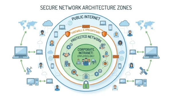 Intranet protected by a firewall and VPN gateway separating it from the public internet
