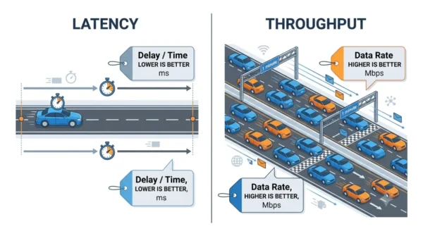 Two-panel highway diagram showing latency as the time for one car to travel a road versus throughput as the number of cars passing a point per minute