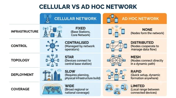 Comparison infographic listing infrastructure, control, topology, deployment and coverage for cellular versus ad hoc networks