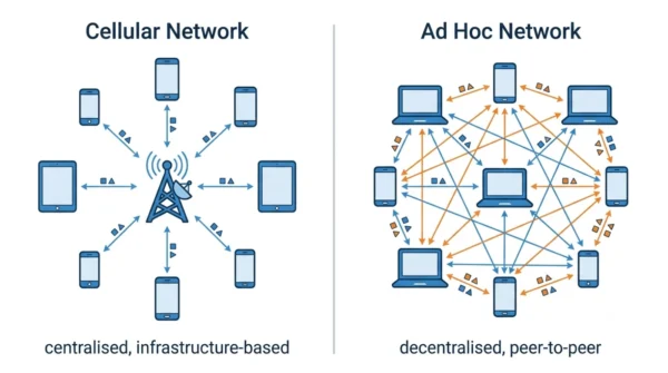 Two-panel diagram showing a cellular network with phones connected to a central base station versus an ad hoc network with devices connected directly in a mesh