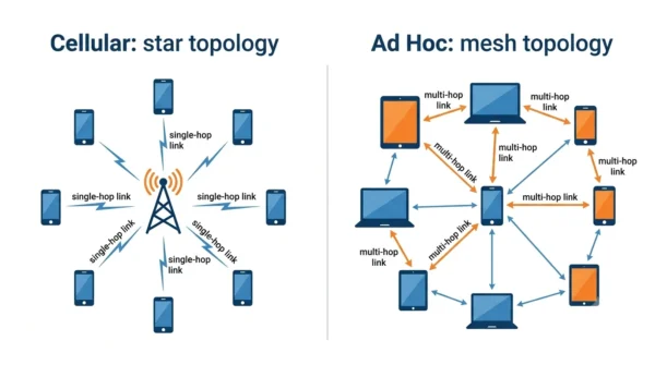 Infographic comparing a cellular star topology with single-hop links to a base station against an ad hoc mesh topology with multi-hop device-to-device links