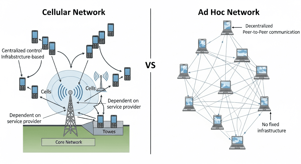 A side-by-side comparison illustrating a Cellular Network on the left and an Ad Hoc Network on the right. The Cellular Network shows mobile phones connected to a central cell tower with labels for "centralized control," "infrastructure-based," and "dependent on service provider." The Ad Hoc Network displays mobile devices (laptops and phones) connected directly to each other in a mesh, labeled "decentralized," "peer-to-peer communication," and "no fixed infrastructure.
