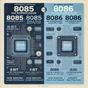 Infographic comparing 8085 and 8086 microprocessors with clear key differences