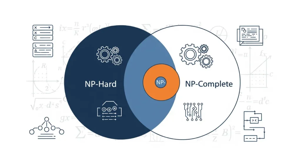A modern infographic depicting two overlapping circles in a Venn diagram style, showing NP-Complete as a subset entirely contained within NP-Hard, against a background of subtle mathematical symbols and computational complexity icons like gears and circuit patterns.