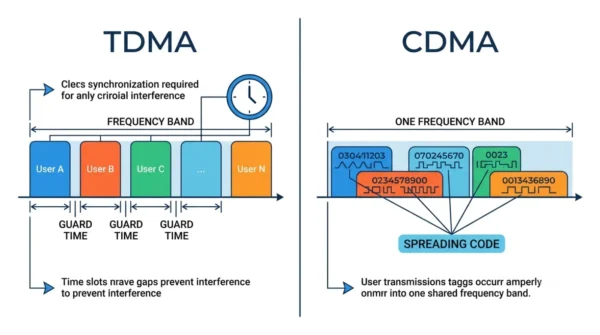 Two-panel diagram comparing TDMA, which gives each user a different time slot on one frequency, with CDMA, where all users share one frequency at once and are separated by unique spreading codes