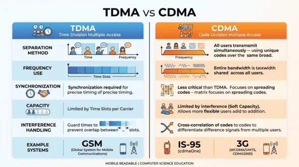 Comparison infographic listing separation method, frequency use, synchronization, capacity, interference handling and example systems for TDMA versus CDMA