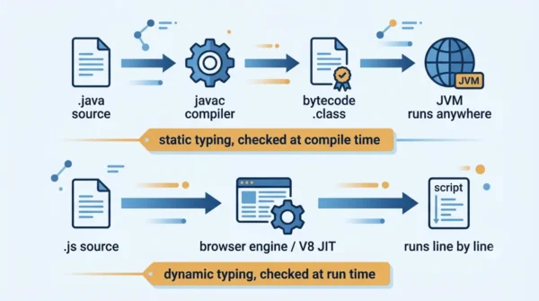 Diagram of Java compiled to JVM bytecode versus JavaScript JIT compiled in a browser engine