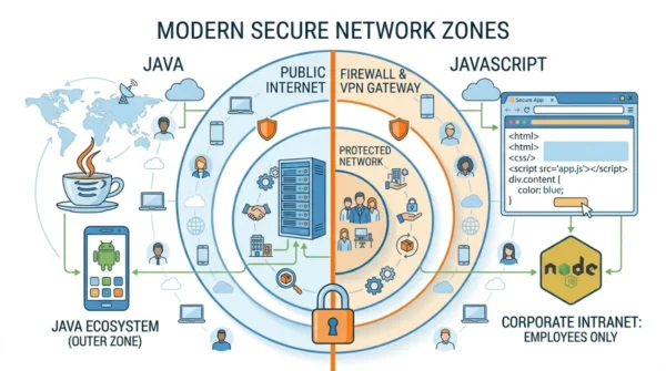Side by side comparison of Java for backend and JavaScript for the web
