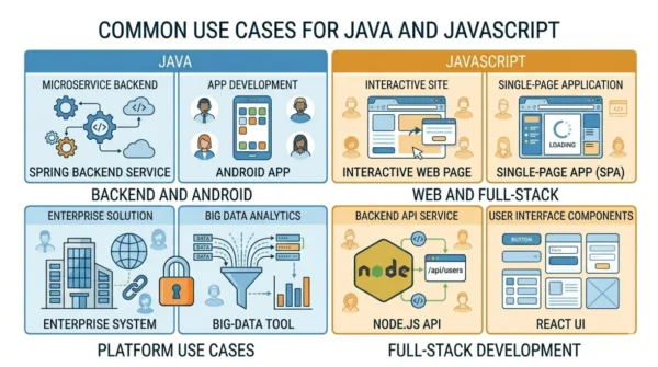 Grid showing Java for backend and Android and JavaScript for web and Node.js