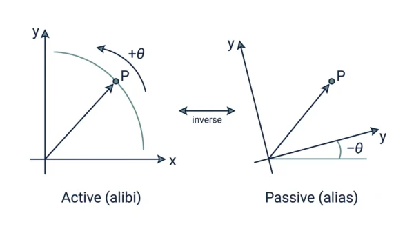 Diagram showing an active alibi rotation of a point by plus theta on the left and a passive alias rotation of the axes by minus theta on the right, joined by an inverse arrow, reaching the same coordinates
