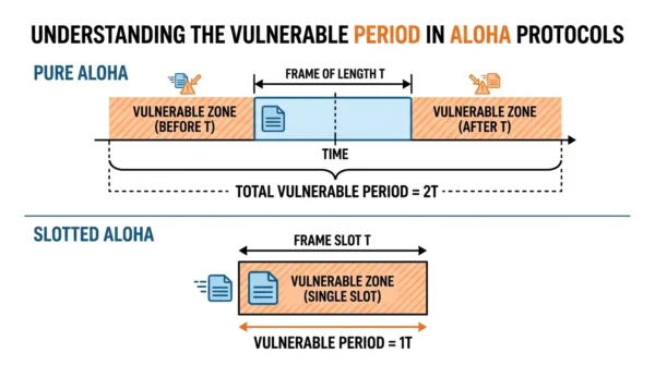 Infographic showing Pure ALOHA with a 2T vulnerable period before and after a frame versus Slotted ALOHA with a single T vulnerable period