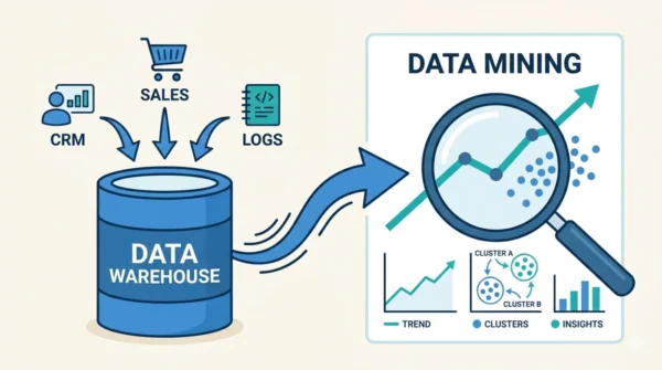 Diagram showing a data warehouse storing integrated data and data mining finding patterns in it