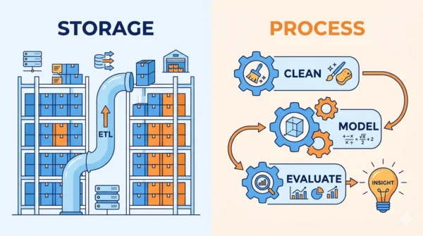 Left side shows a data warehouse as organised storage, right side shows data mining as a step by step process